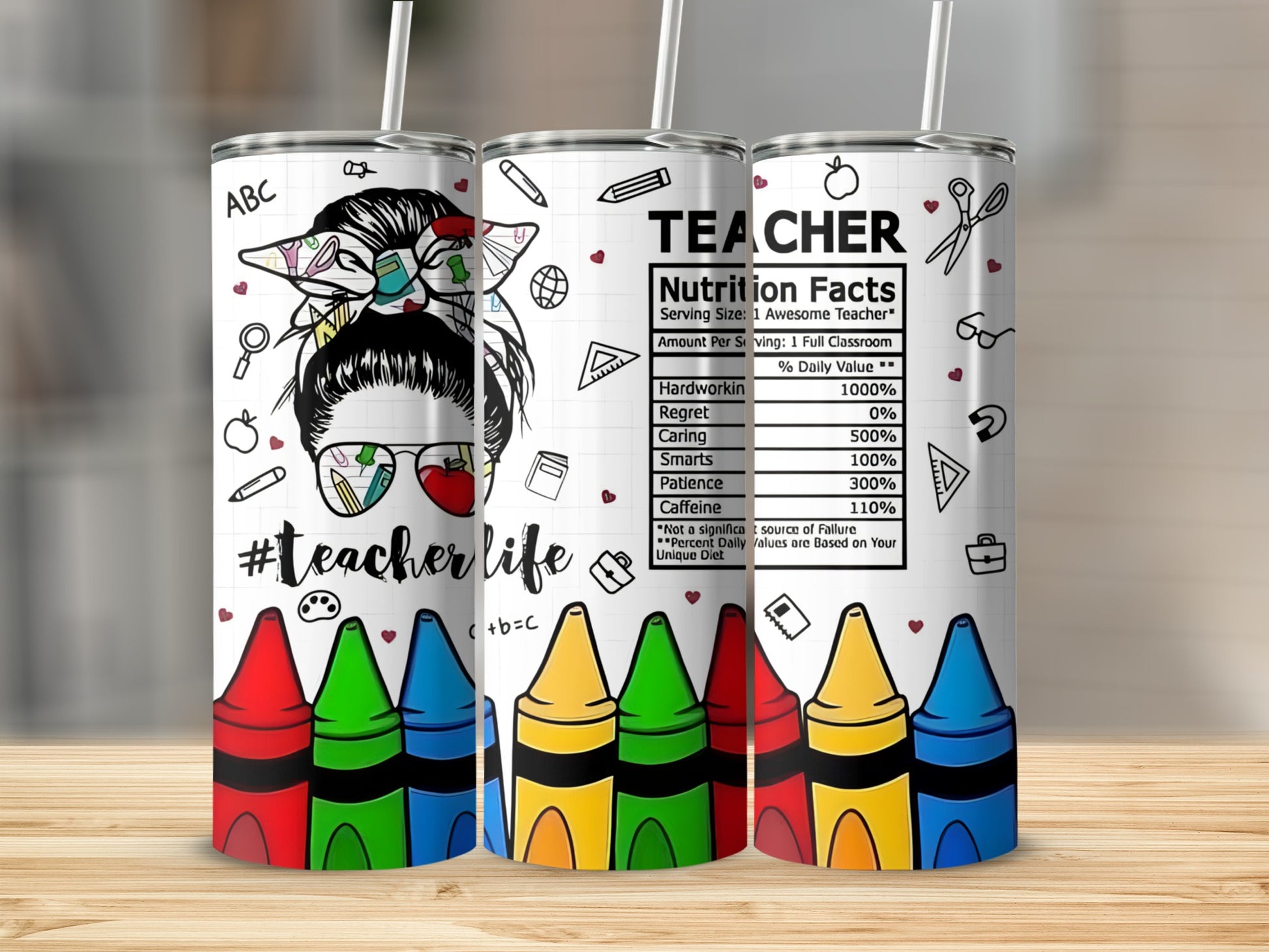 Teacher tumbler with crayon border and nutrition facts label.