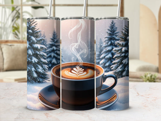Winter forest scene with steaming coffee cup and latte art.