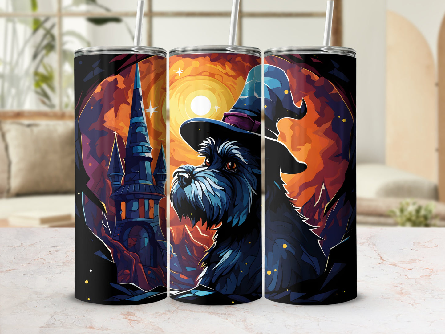 Three tumblers featuring a black dog in a witch hat with a castle backdrop.
