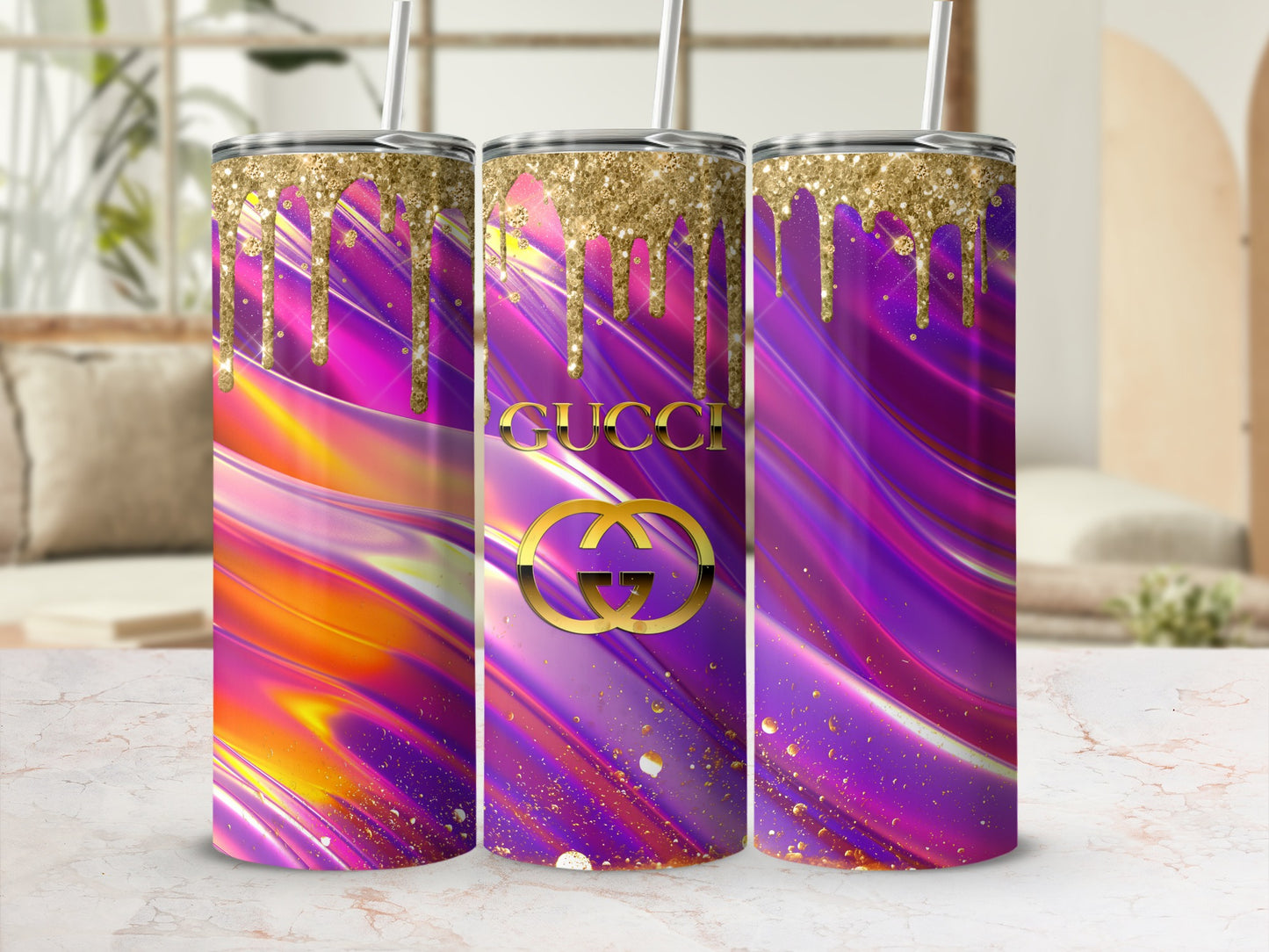 Gucci Purple and Gold Glitter Drip Tumbler Design