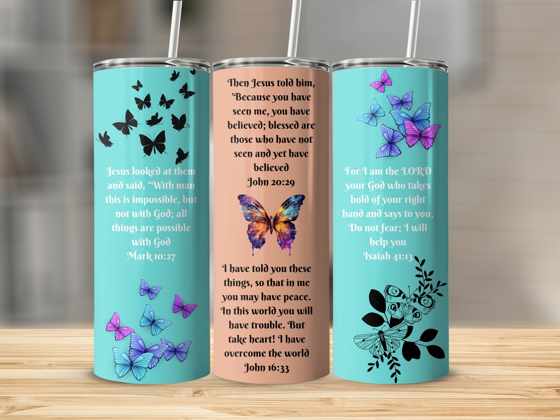 Inspirational Bible Verse Tumbler with Colorful Butterflies