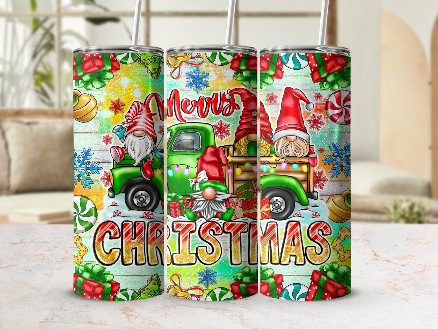 Christmas gnomes and truck on rustic wood background with "Merry Christmas" text.