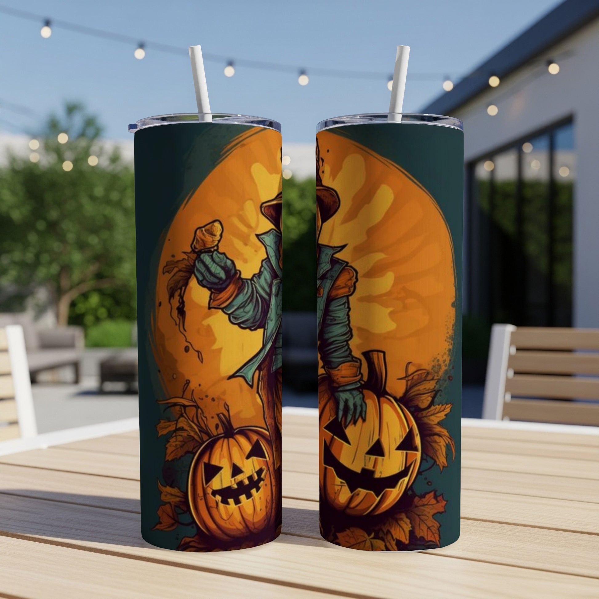 Two tumblers with Halloween scarecrow and jack-o'-lantern designs.
