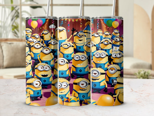 Minions celebrating with balloons and confetti on a colorful background.