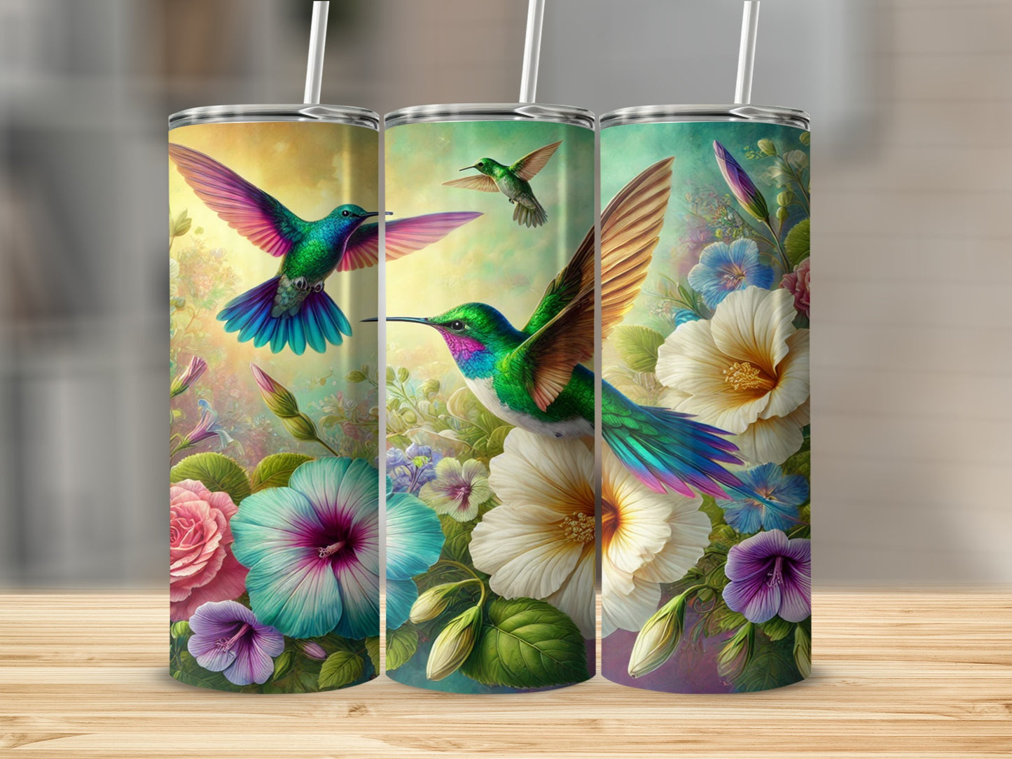 Colorful Hummingbird and Flower Design Tumbler Cup