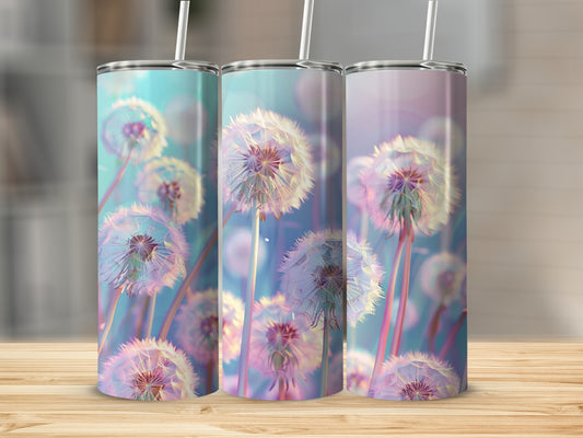 Three tumblers with a dandelion seed head design in pastel colors.