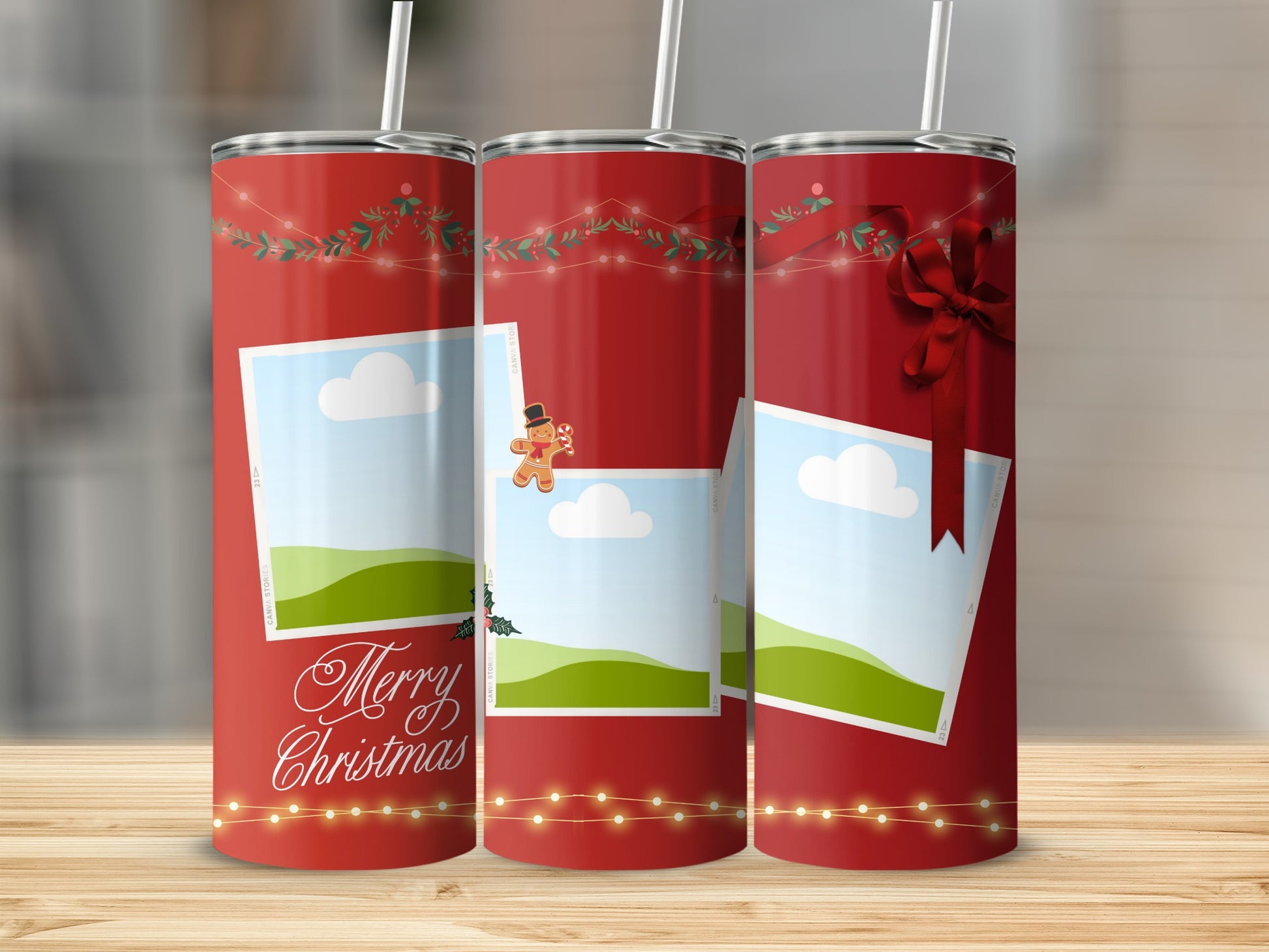 Red tumblers with Christmas garland, lights, and "Merry Christmas" text.