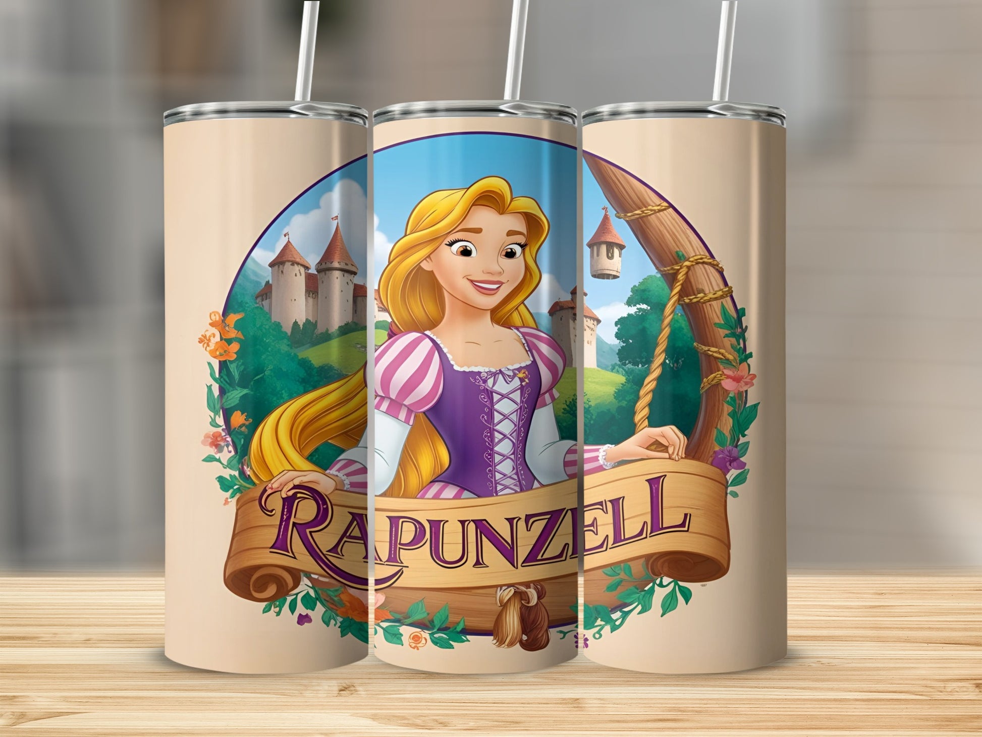 Rapunzel from Tangled in a castle scene with text "Rapunzel."