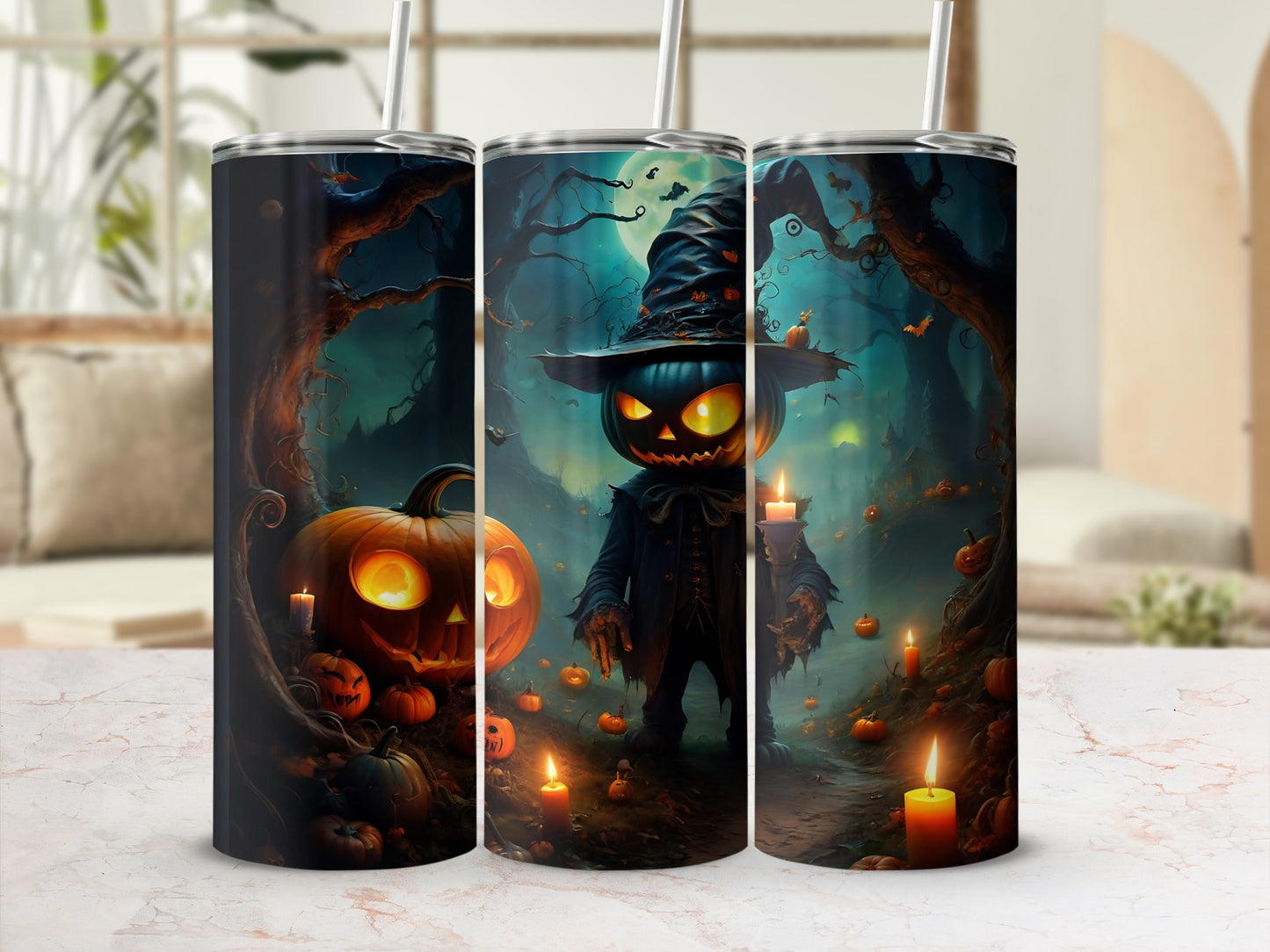 Three tumblers with a spooky Halloween scene featuring jack-o'-lanterns and a scarecrow.