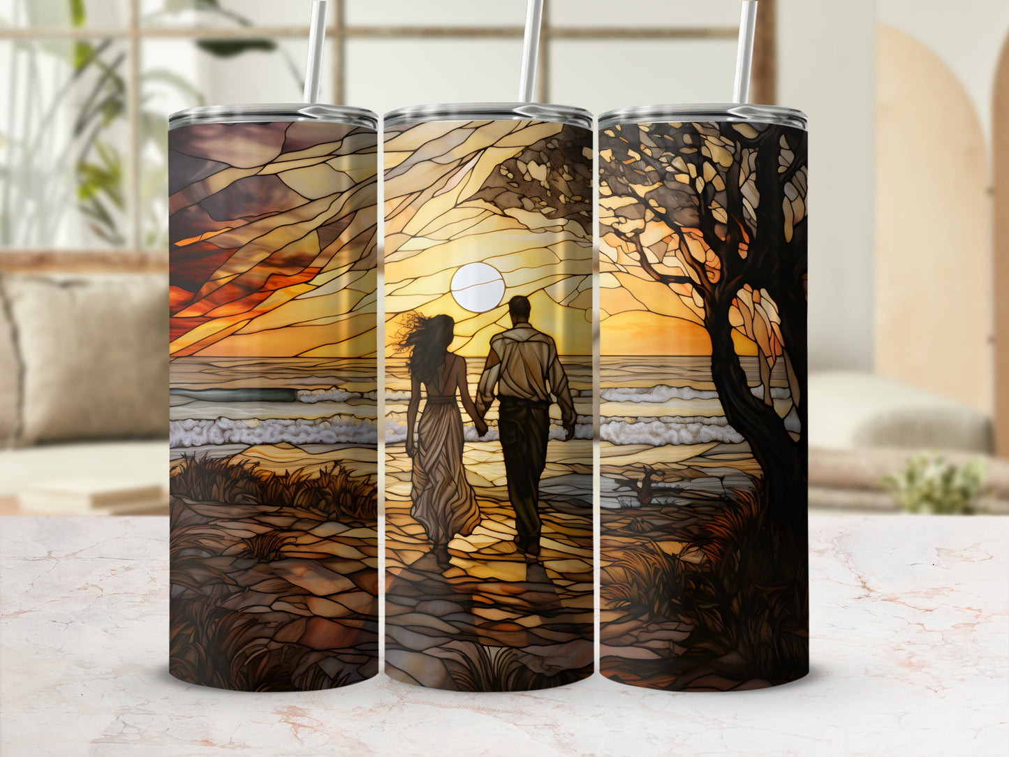 Couple walking hand-in-hand on beach at sunset, stained glass design.