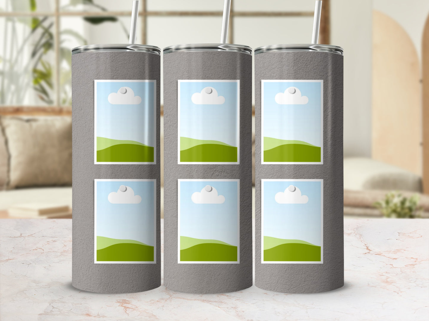 Three gray tumblers with straws, each featuring six placeholder images of sky and hills.