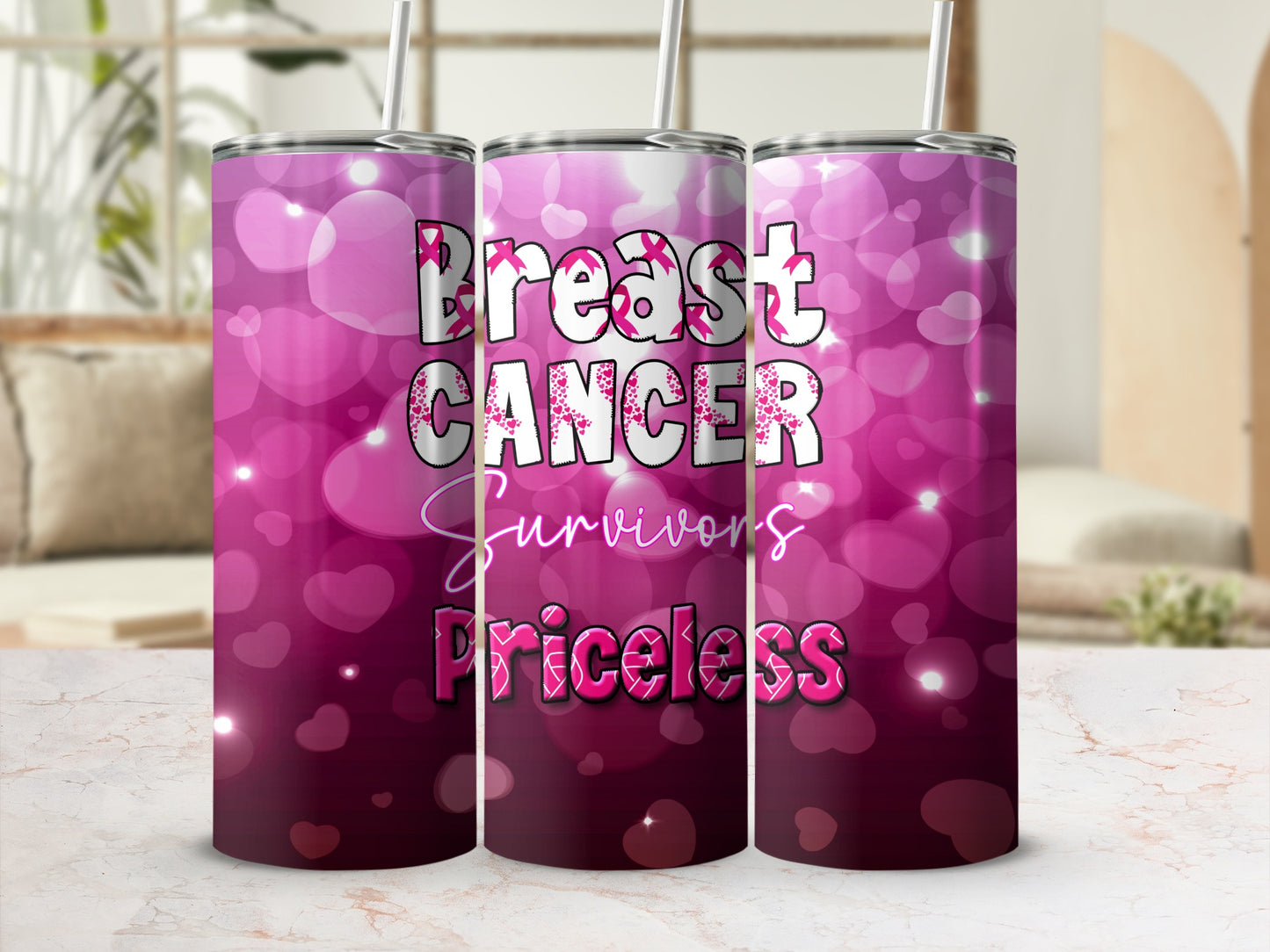 Breast Cancer Survivors Priceless tumbler with pink bokeh background.