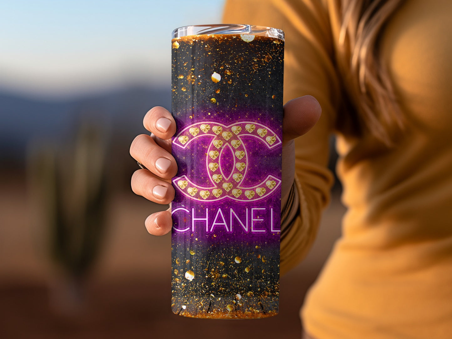 Stylish Purple and Gold Chanel Logo Tumbler Product