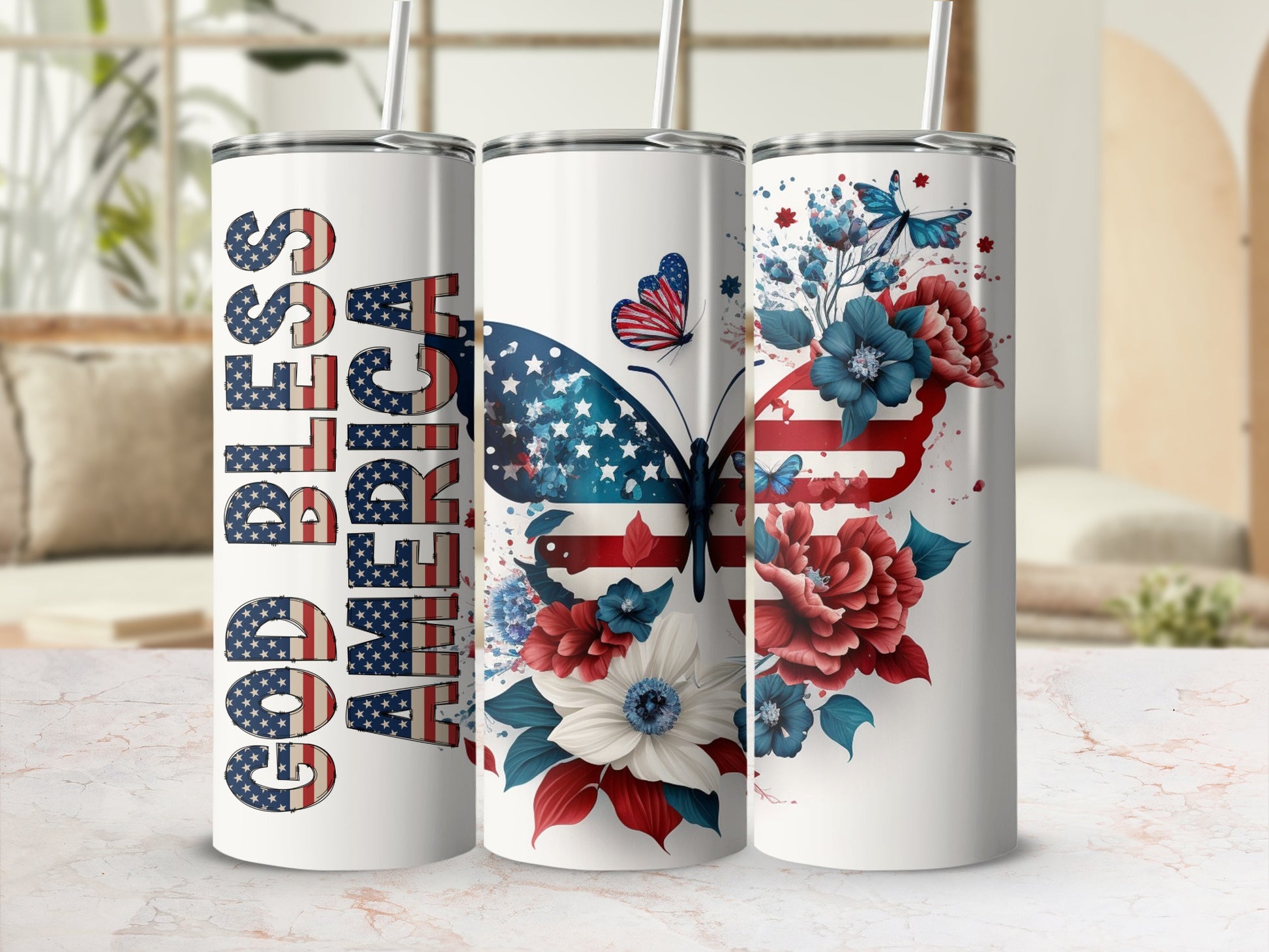 "God Bless America" tumbler with patriotic butterfly and floral design.