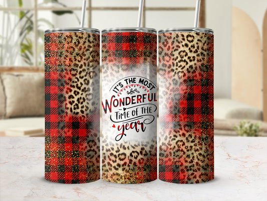 Red buffalo plaid and leopard print tumbler with "It's the Most Wonderful Time of the Year" text.
