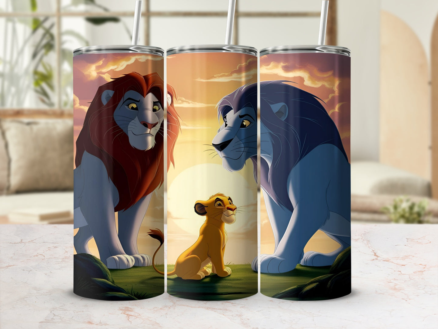 Simba, Mufasa, and Scar from The Lion King on a tumbler.