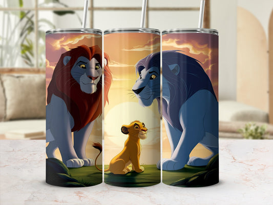 Simba, Mufasa, and Scar from The Lion King on a tumbler.