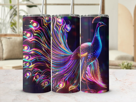 Three tumblers with a vibrant, colorful peacock design.