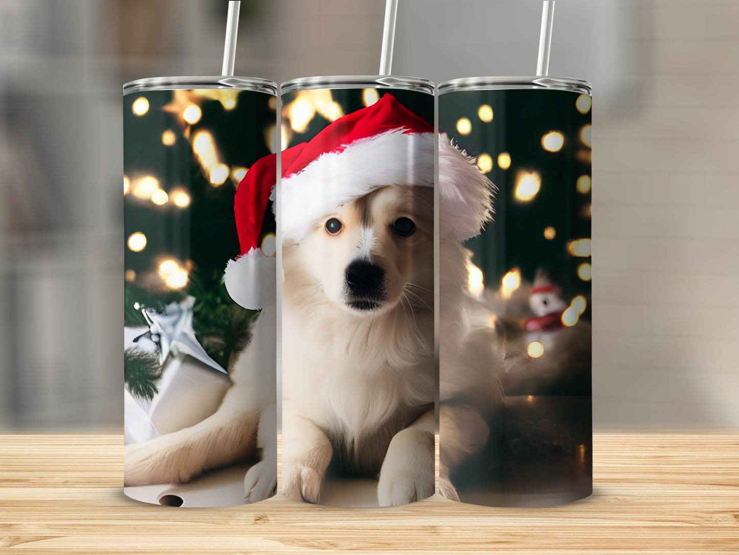 Golden retriever puppy wearing a Santa hat with Christmas lights.