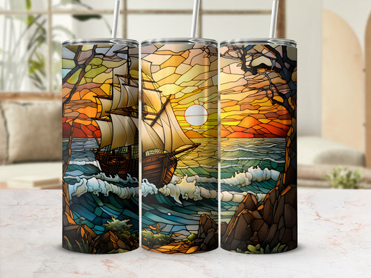 Triptych stained glass art of a sailing ship at sunset with ocean waves and rocky shores.