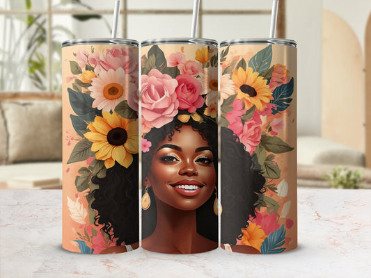 Woman with floral crown and colorful background on three tumblers.