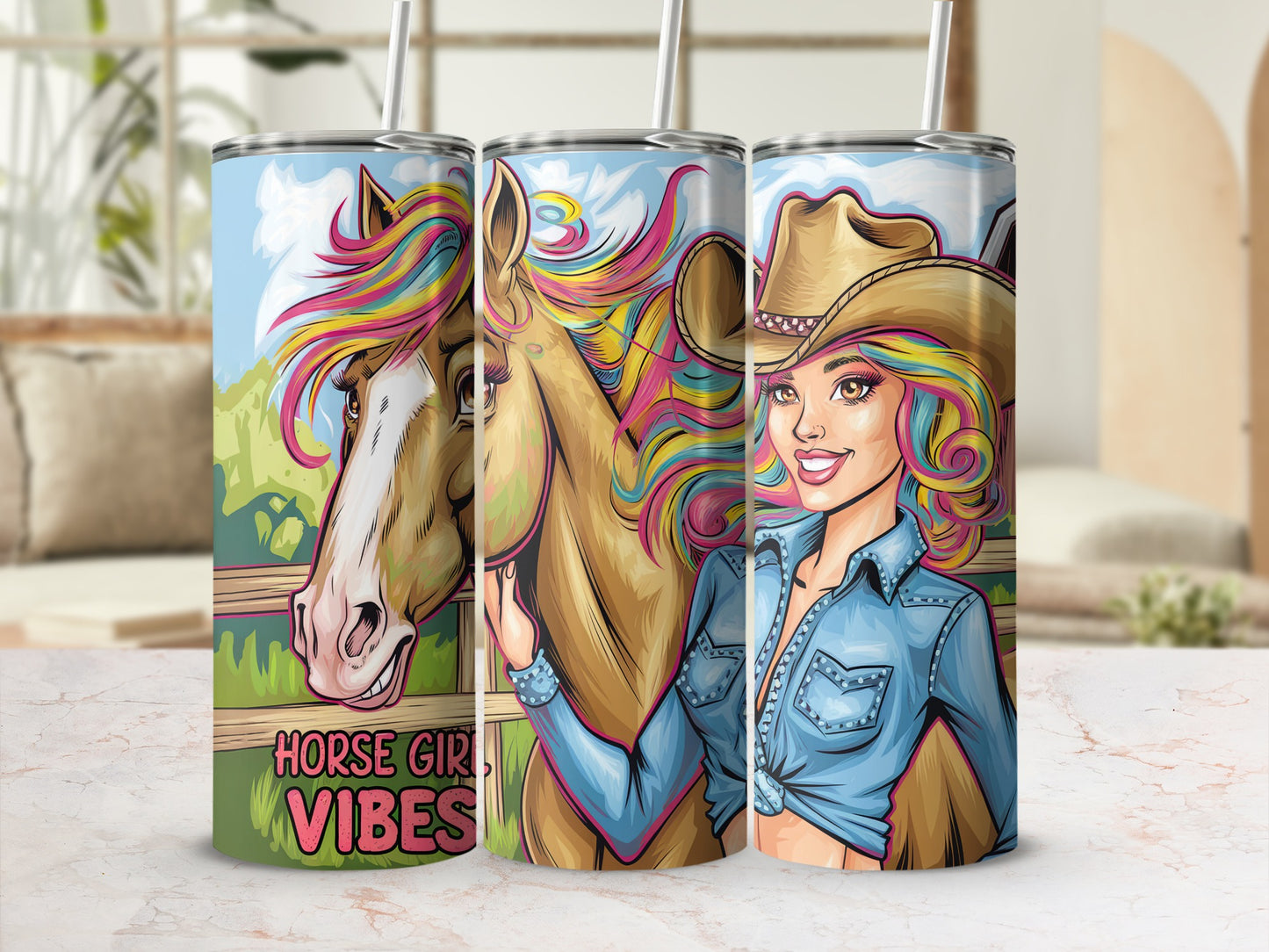 Tumbler with horse and cowgirl art, "Horse Girl Vibes" text.