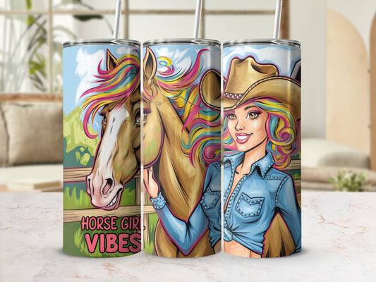 Tumbler with horse and cowgirl art, "Horse Girl Vibes" text.