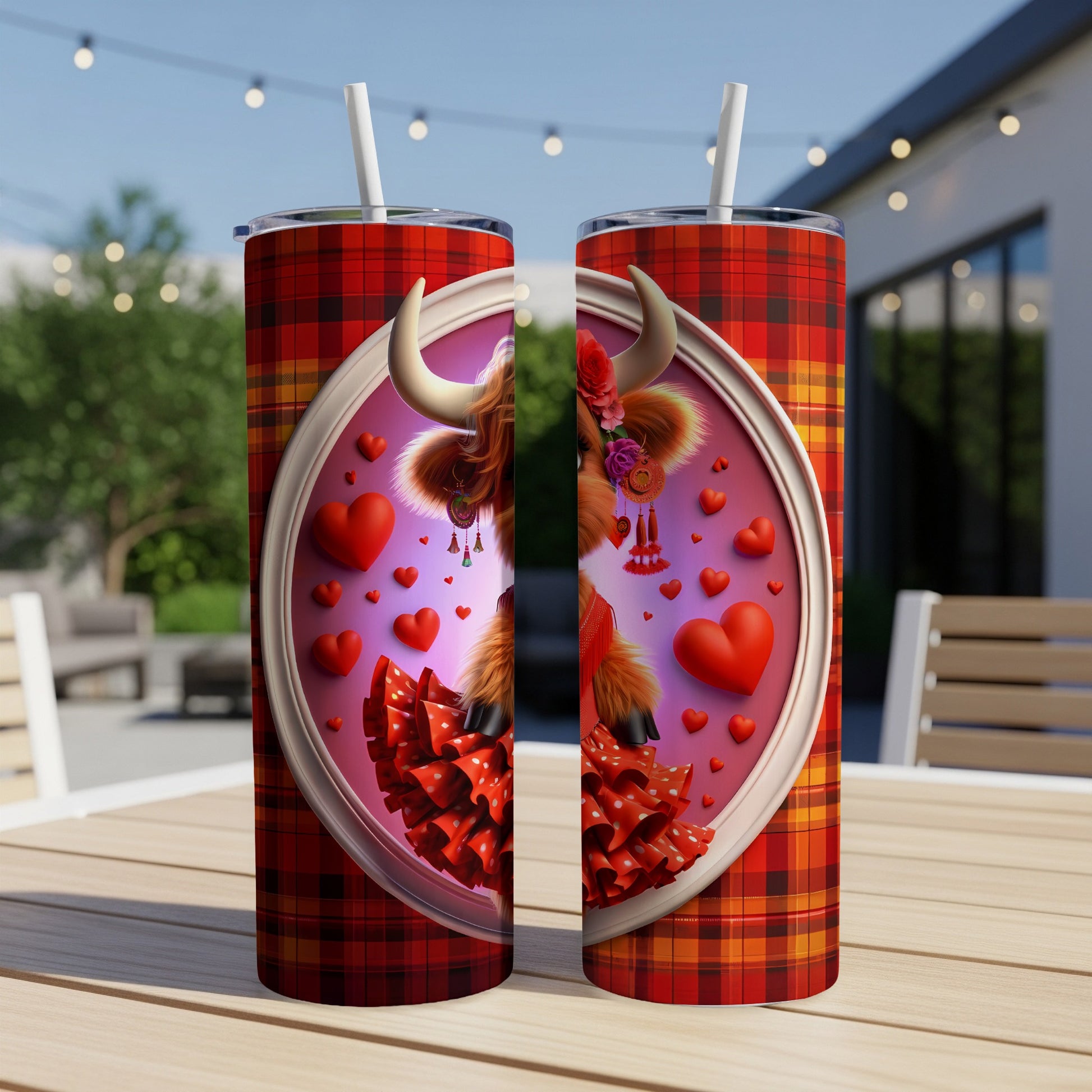 Highland cow in festive flamenco dress with hearts on a plaid pattern.
