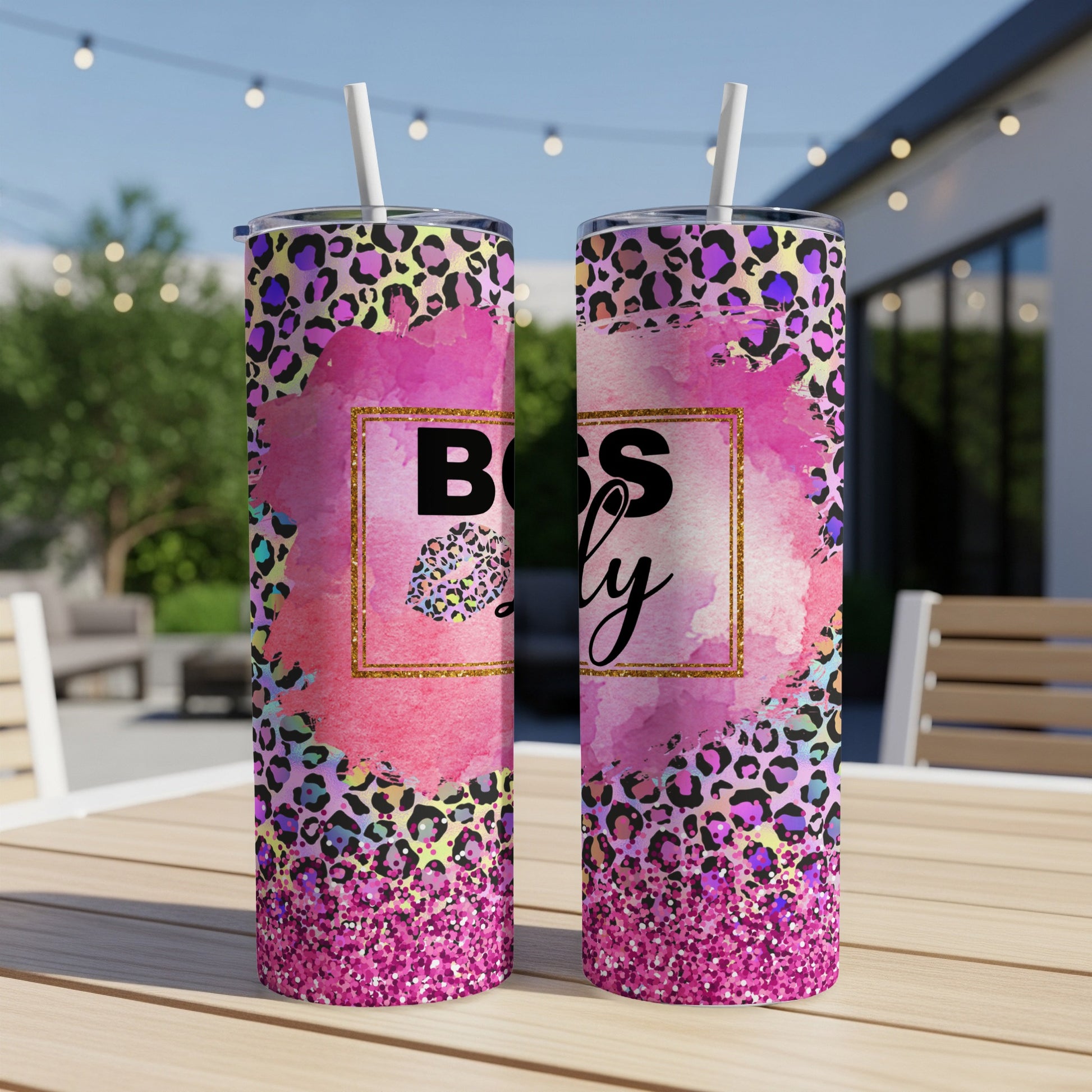 Two tumblers with leopard print, pink watercolor, and glitter text "BOSS Babe".