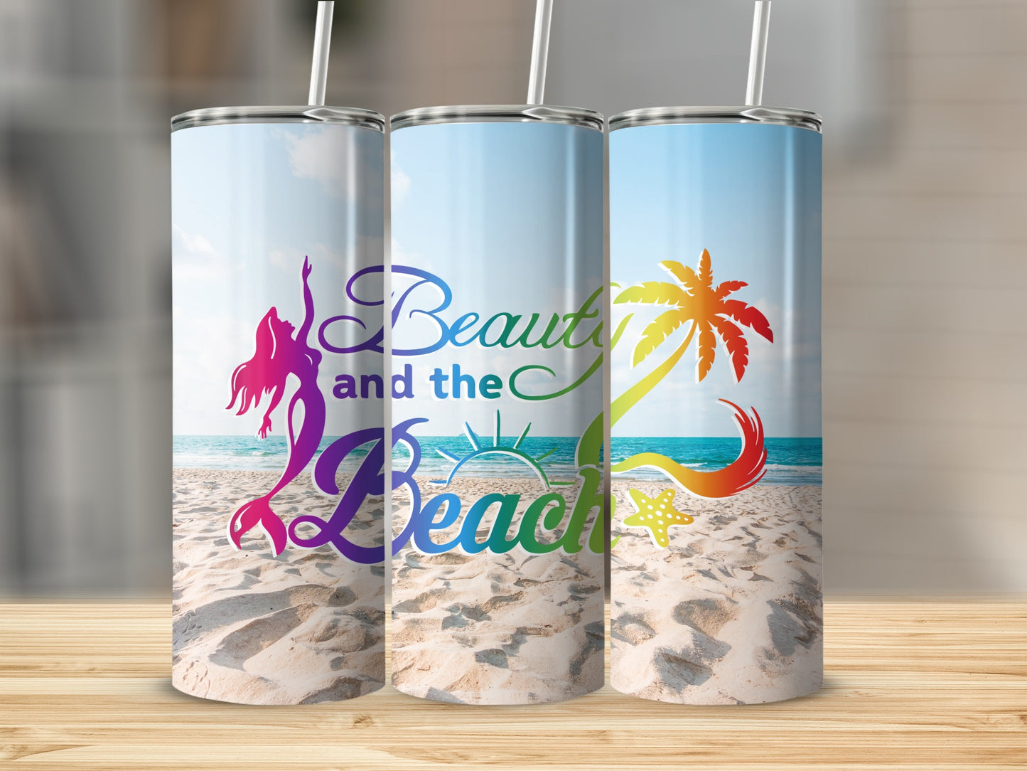Mermaid, palm tree, and starfish on a beach with "Beauty and the Beach" text.