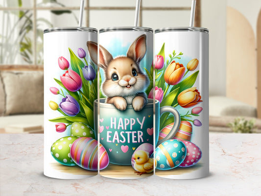 Easter tumbler with bunny, chick, eggs, and tulips.