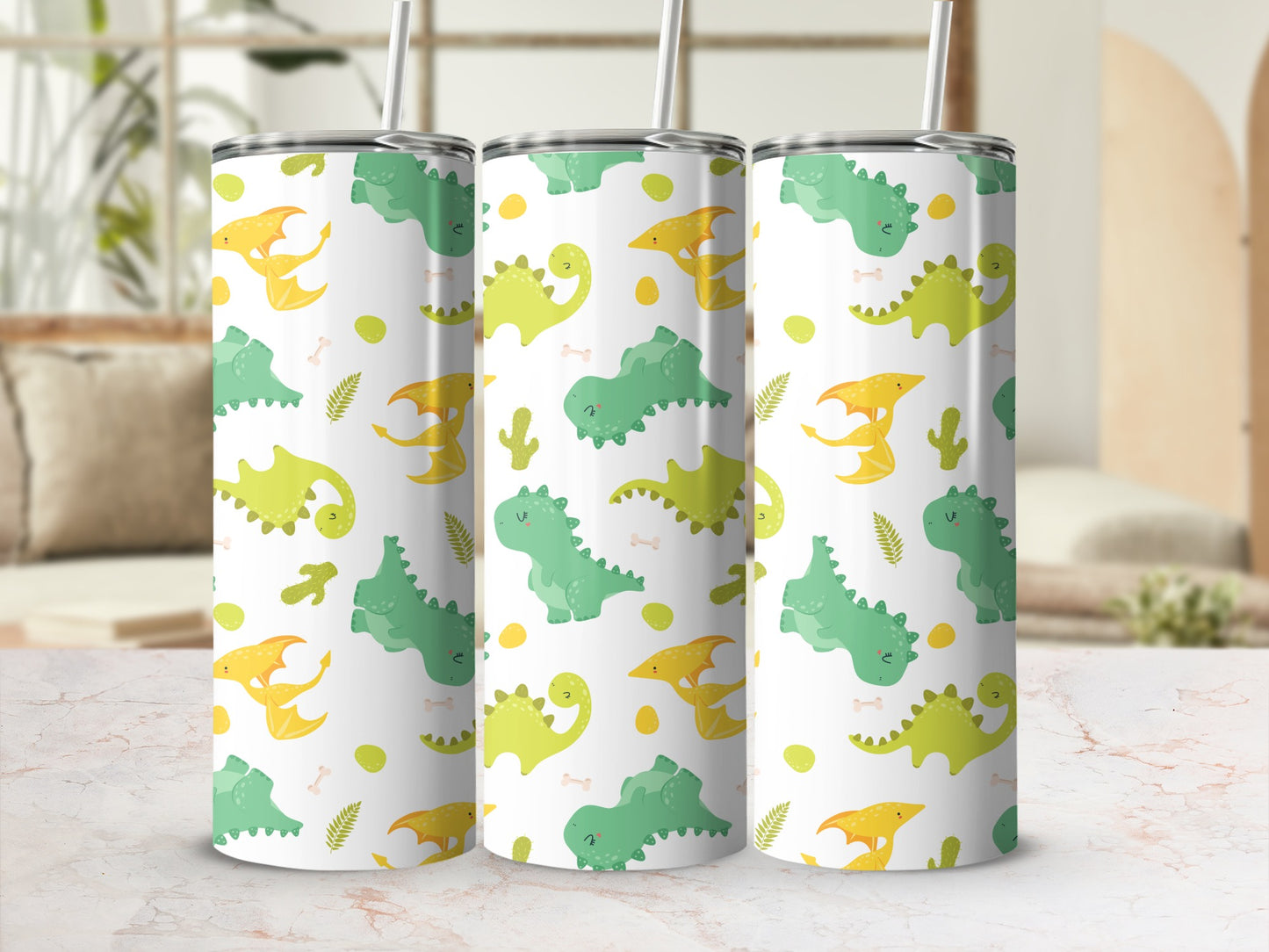 Cute Dinosaur Patterned White Stainless Steel Tumbler