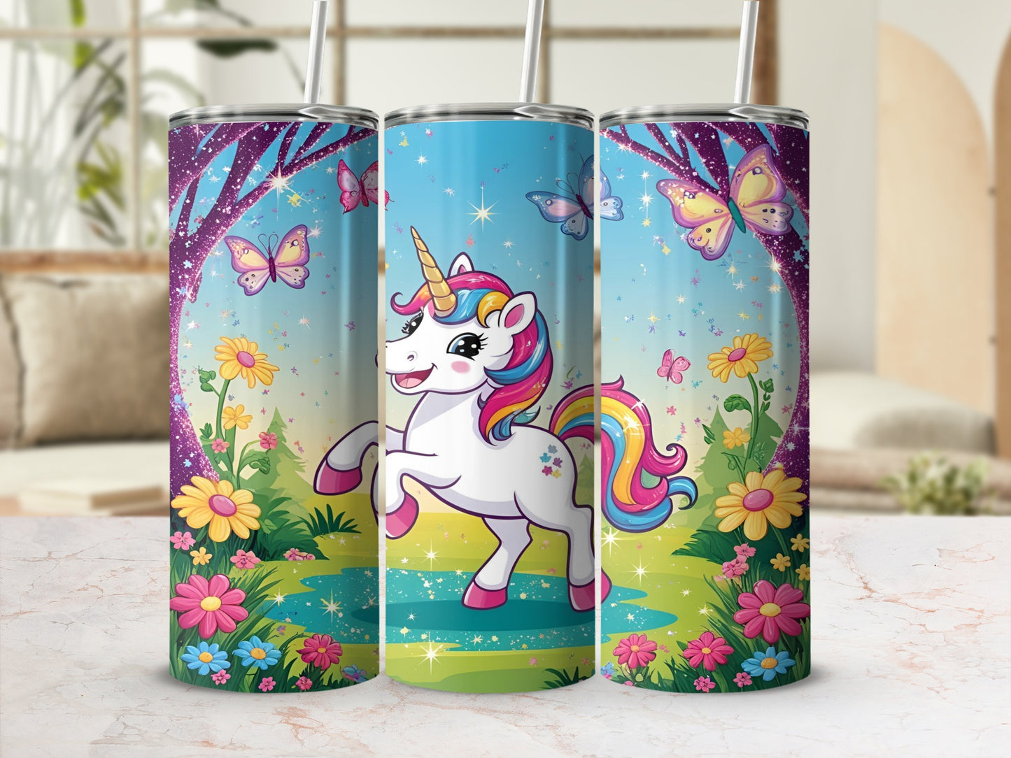 Unicorn with rainbow mane and tail prancing in a colorful meadow.