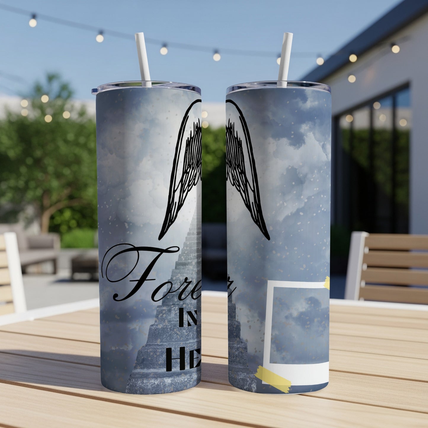 Two tumblers with angel wings, a stairway to heaven, and text that reads "Forever In HE".