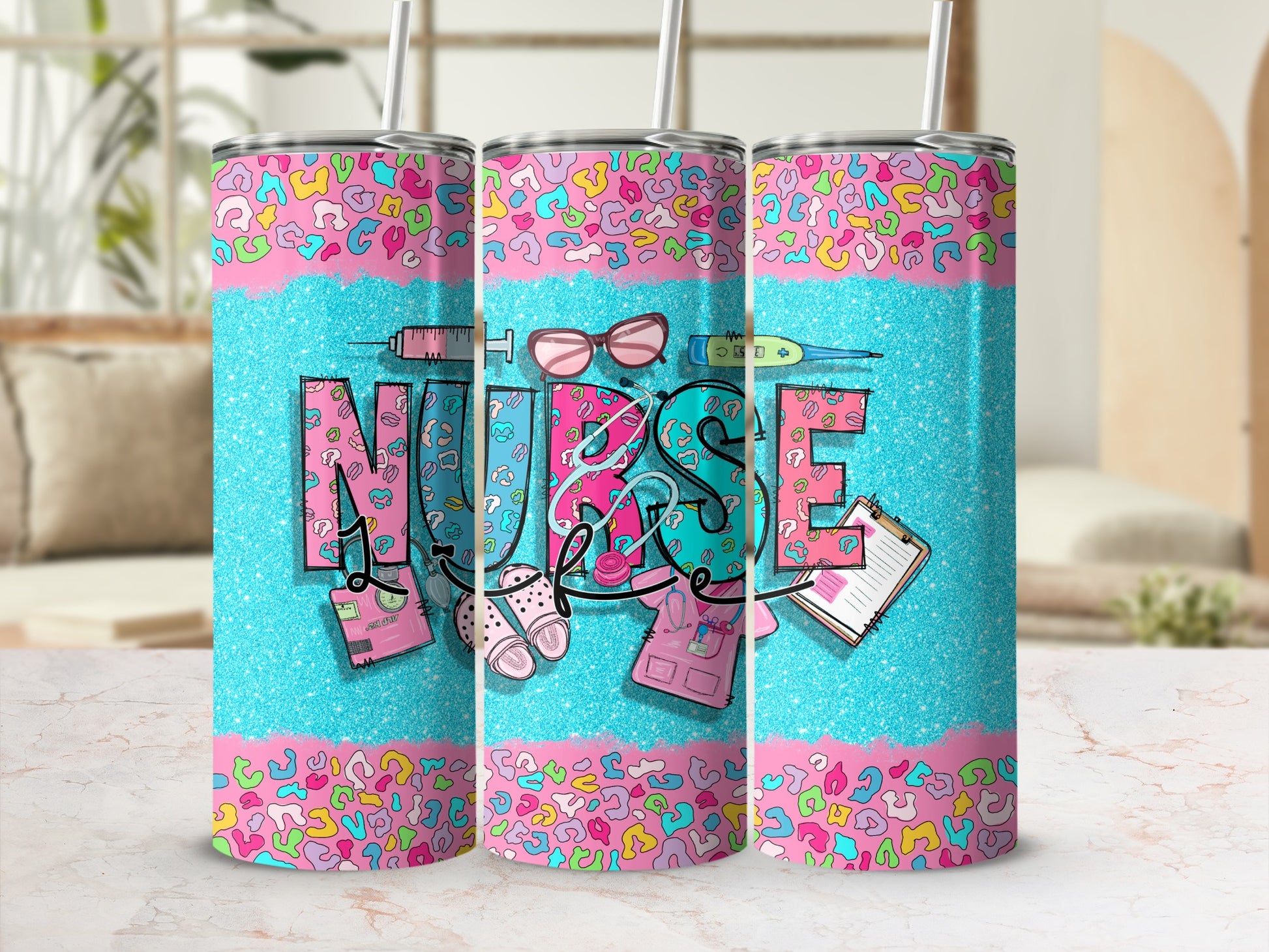 Pink, teal, and yellow leopard print nurse tumbler with stethoscope and medical icons.