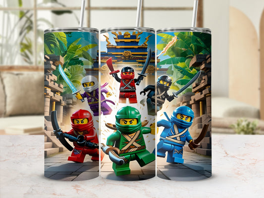 Ninja characters in action poses with swords and nunchucks.
