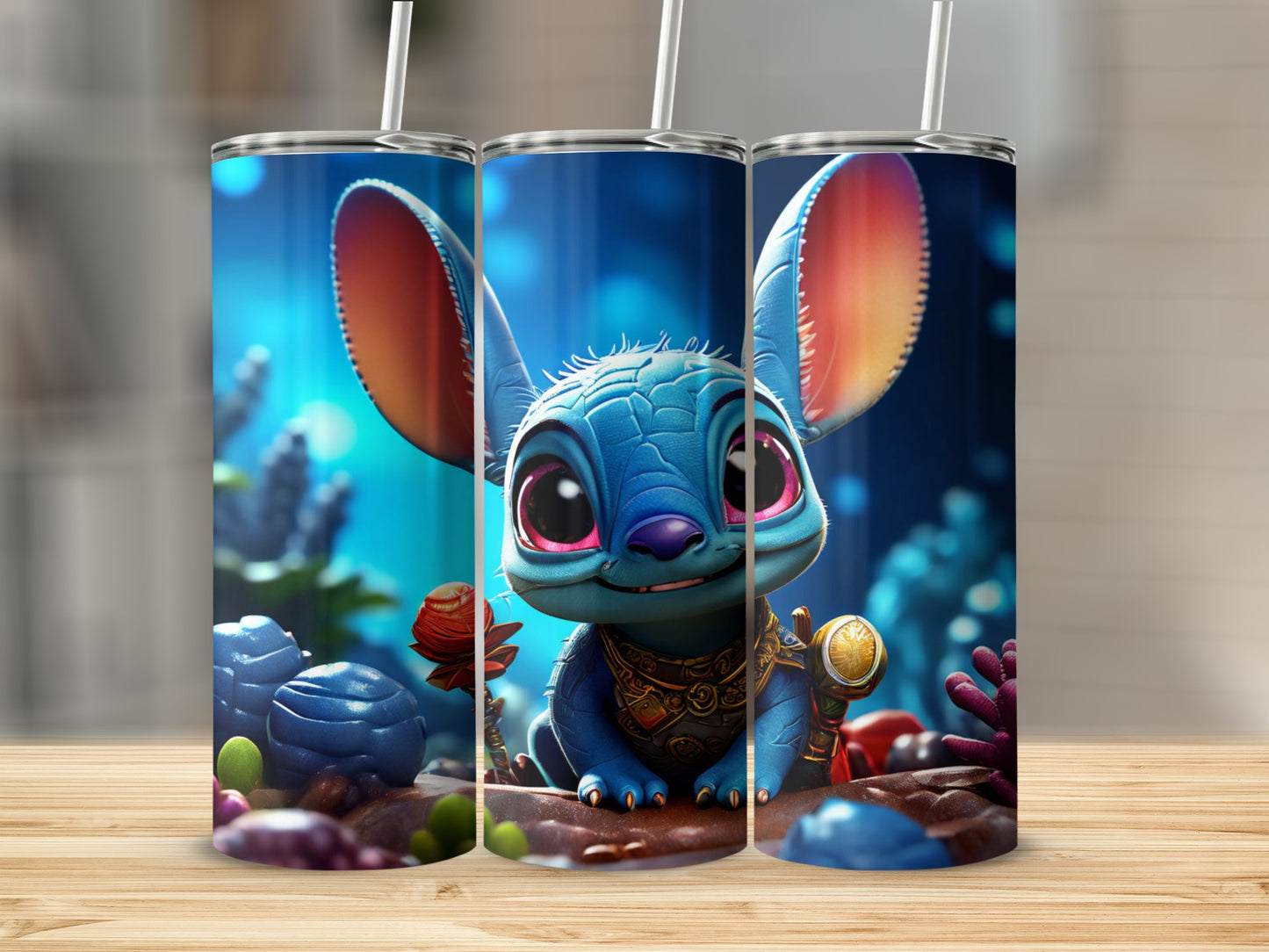 Blue cartoon alien with large ears, holding a golden orb, on ocean floor.