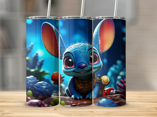 Blue cartoon alien with large ears, holding a golden orb, on ocean floor.
