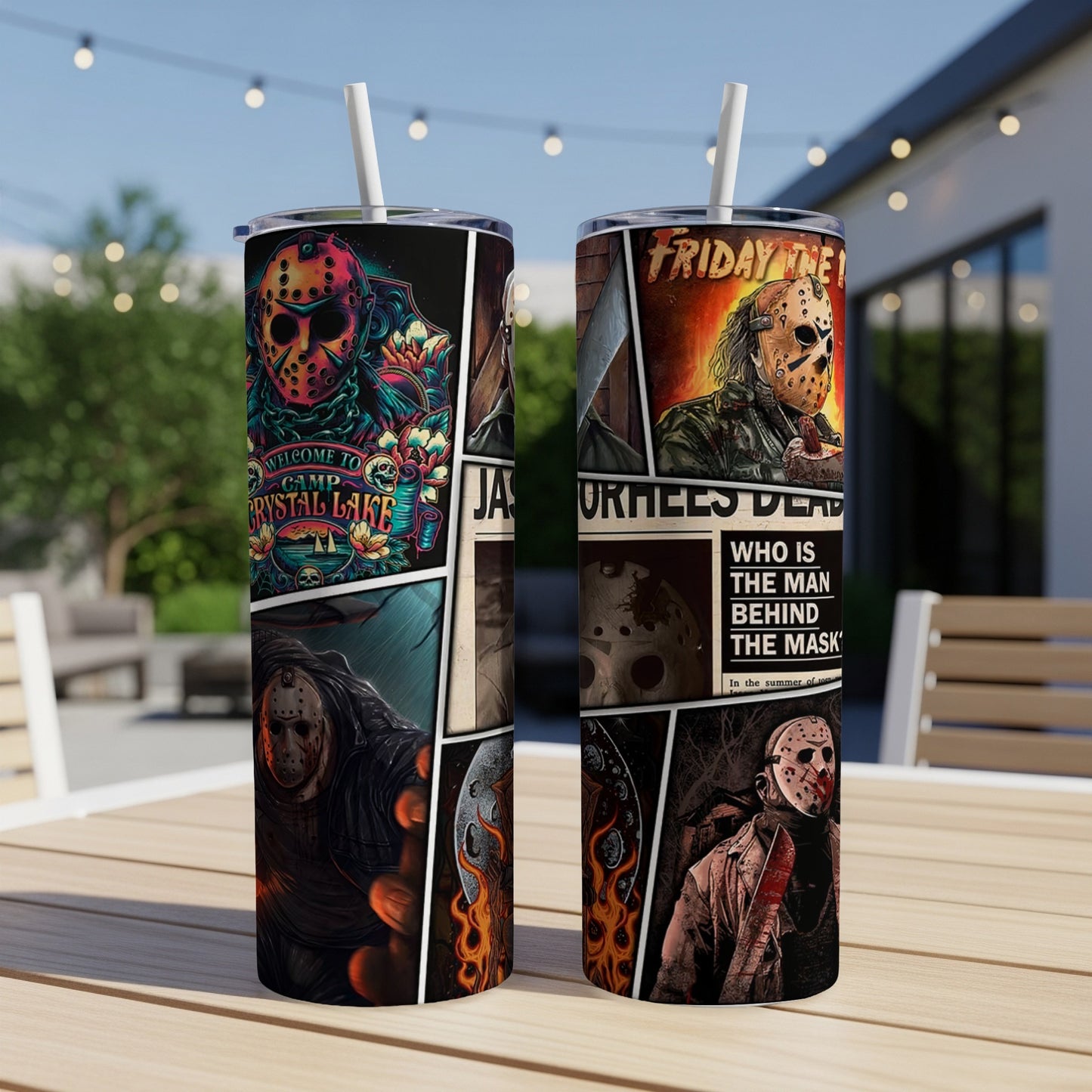 Tumblers featuring Friday the 13th artwork, including Jason Voorhees and Camp Crystal Lake.