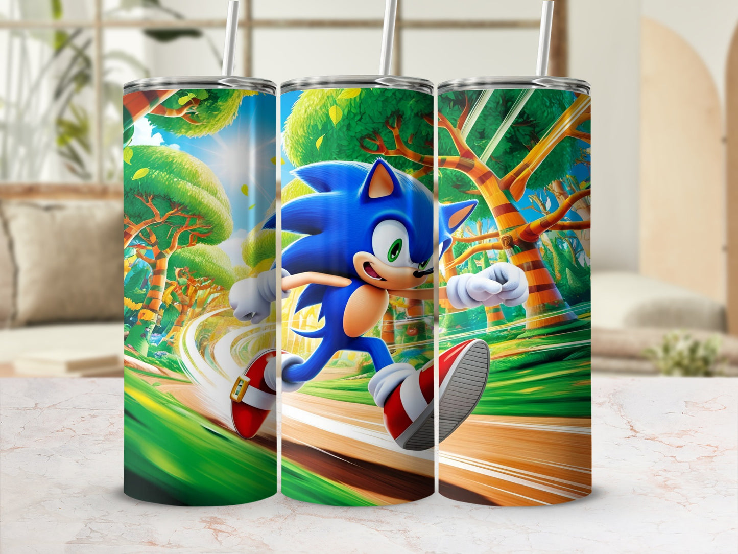 Sonic the Hedgehog running through a colorful forest landscape.