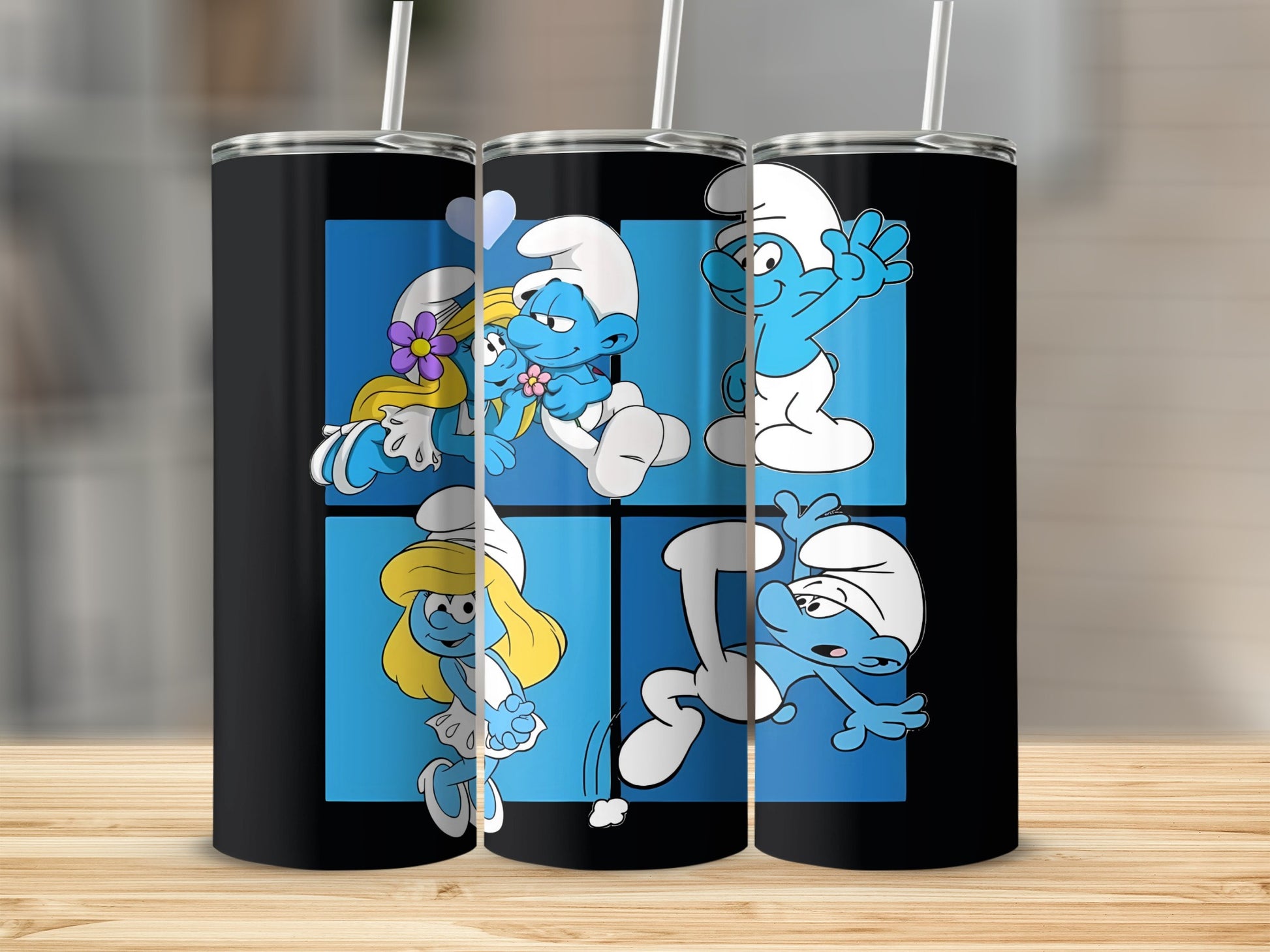 Cheerful Cartoon Characters on Black Tumbler Drinkware