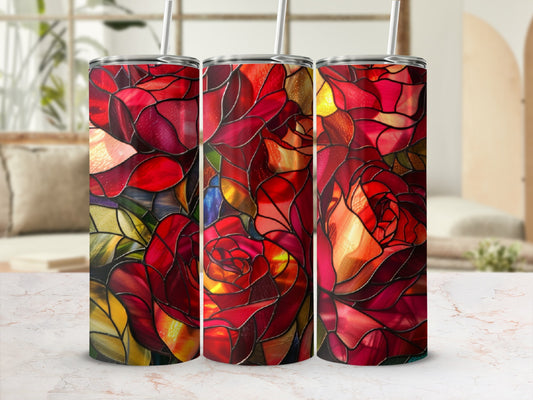 Three tumblers with a stained-glass rose design.
