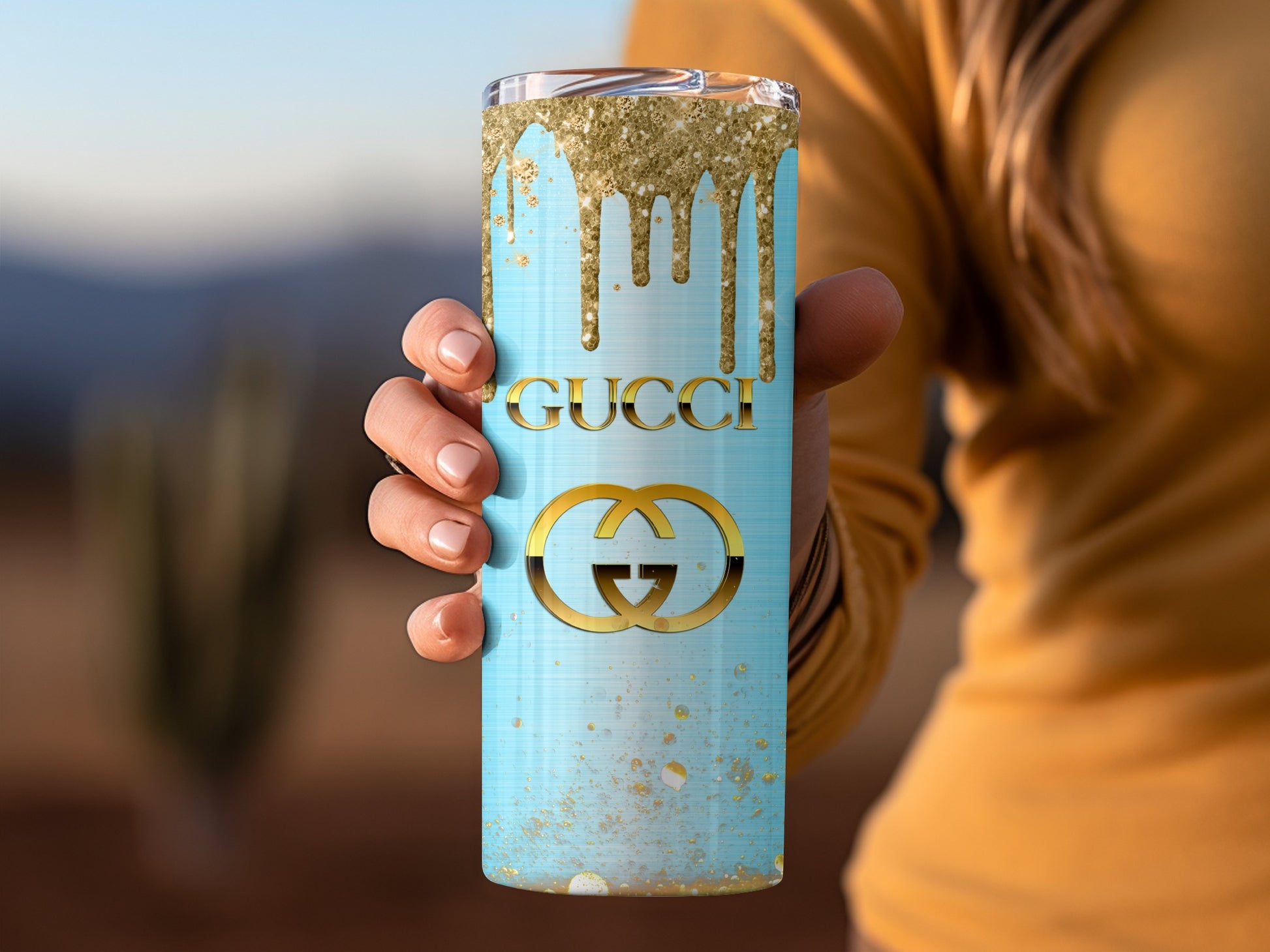 Stylish Gucci Branded Light Blue and Gold Tumbler