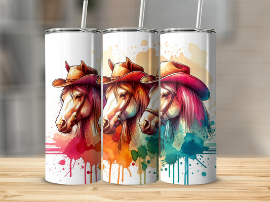 Three tumblers featuring colorful watercolor horse heads with cowboy hats.