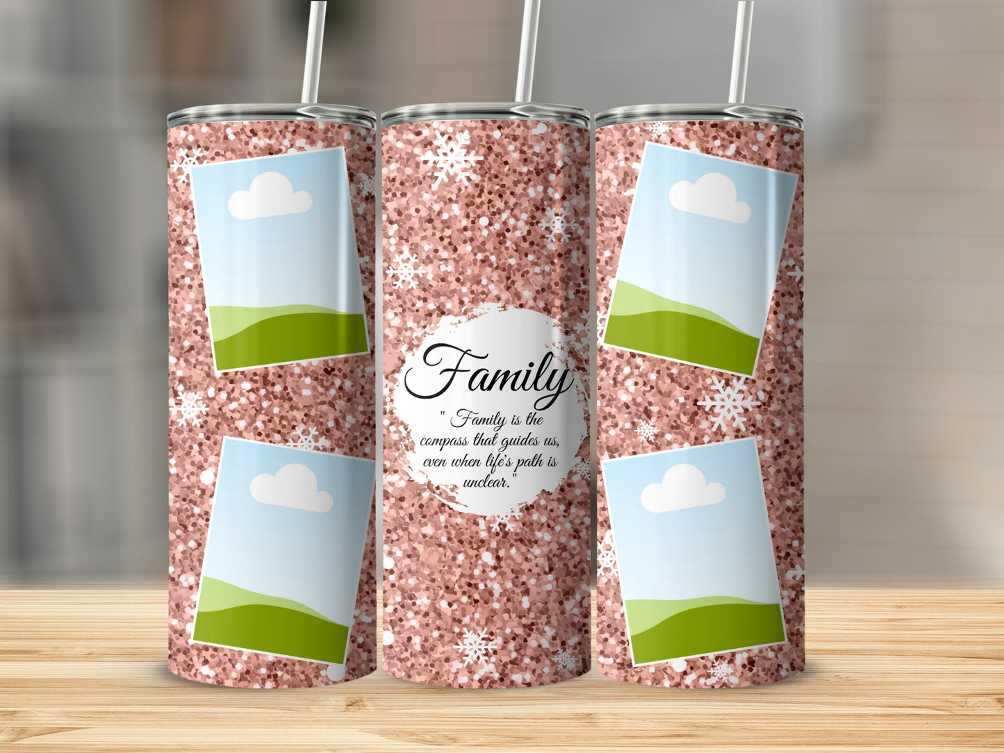 Rose gold glitter tumbler with snowflakes and photo frames, featuring "Family" quote.