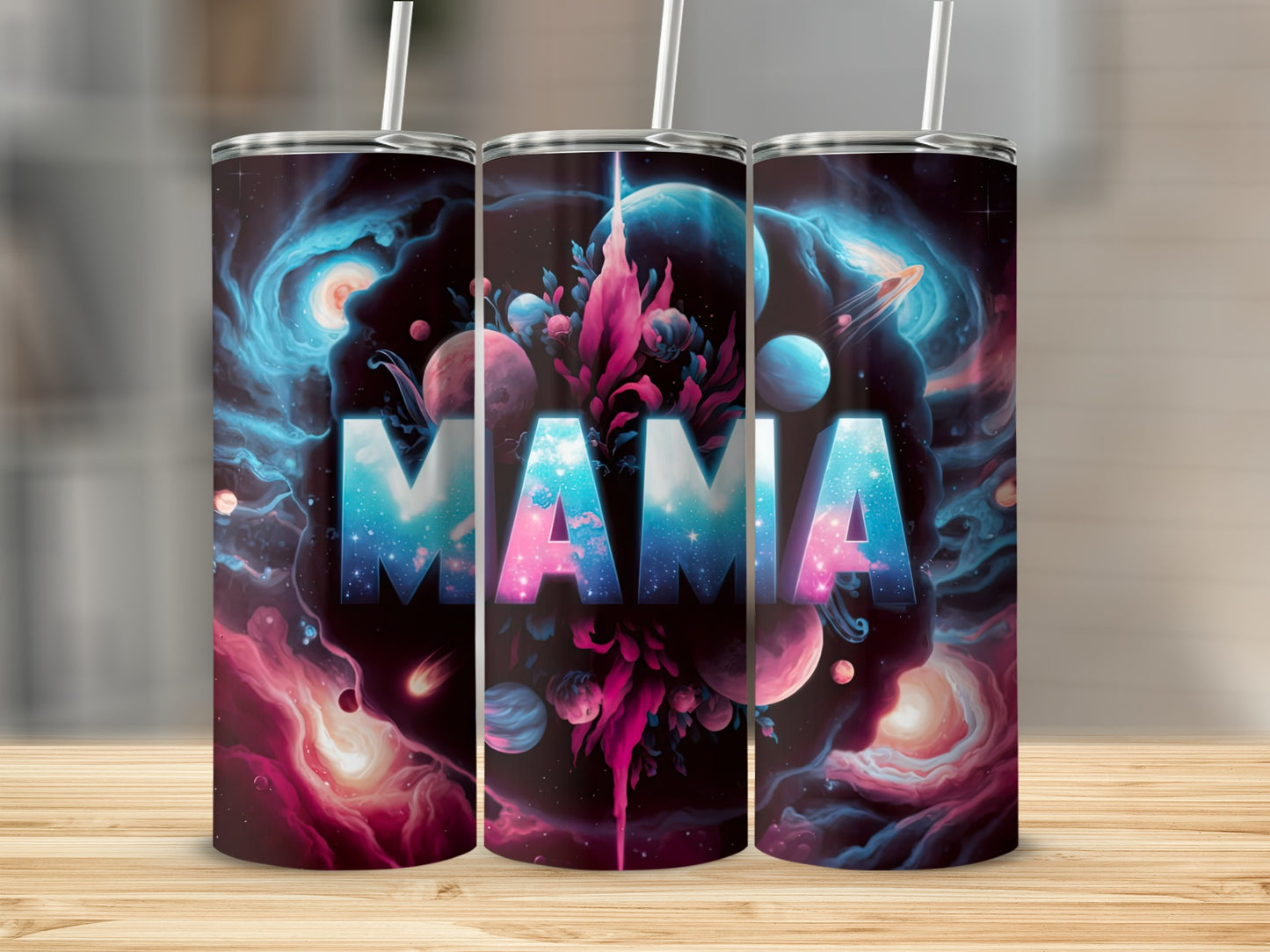 Three tumblers with a "Mama" galaxy design.