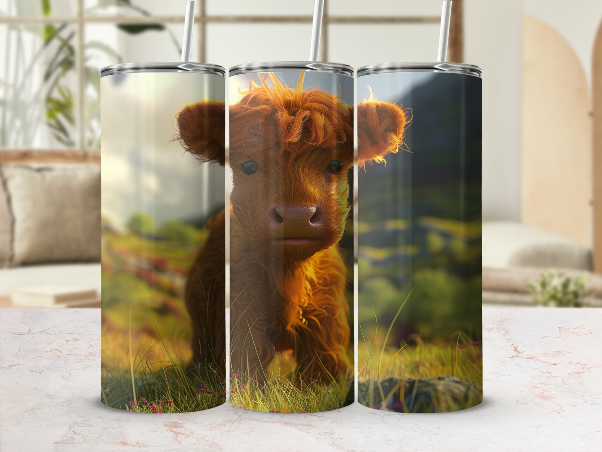 Fluffy brown calf with windblown hair in grassy field, presented on a tumbler mockup.