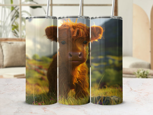 Fluffy brown calf with windblown hair in grassy field, presented on a tumbler mockup.