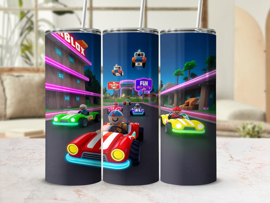 Roblox racing game scene with characters in karts on a track.