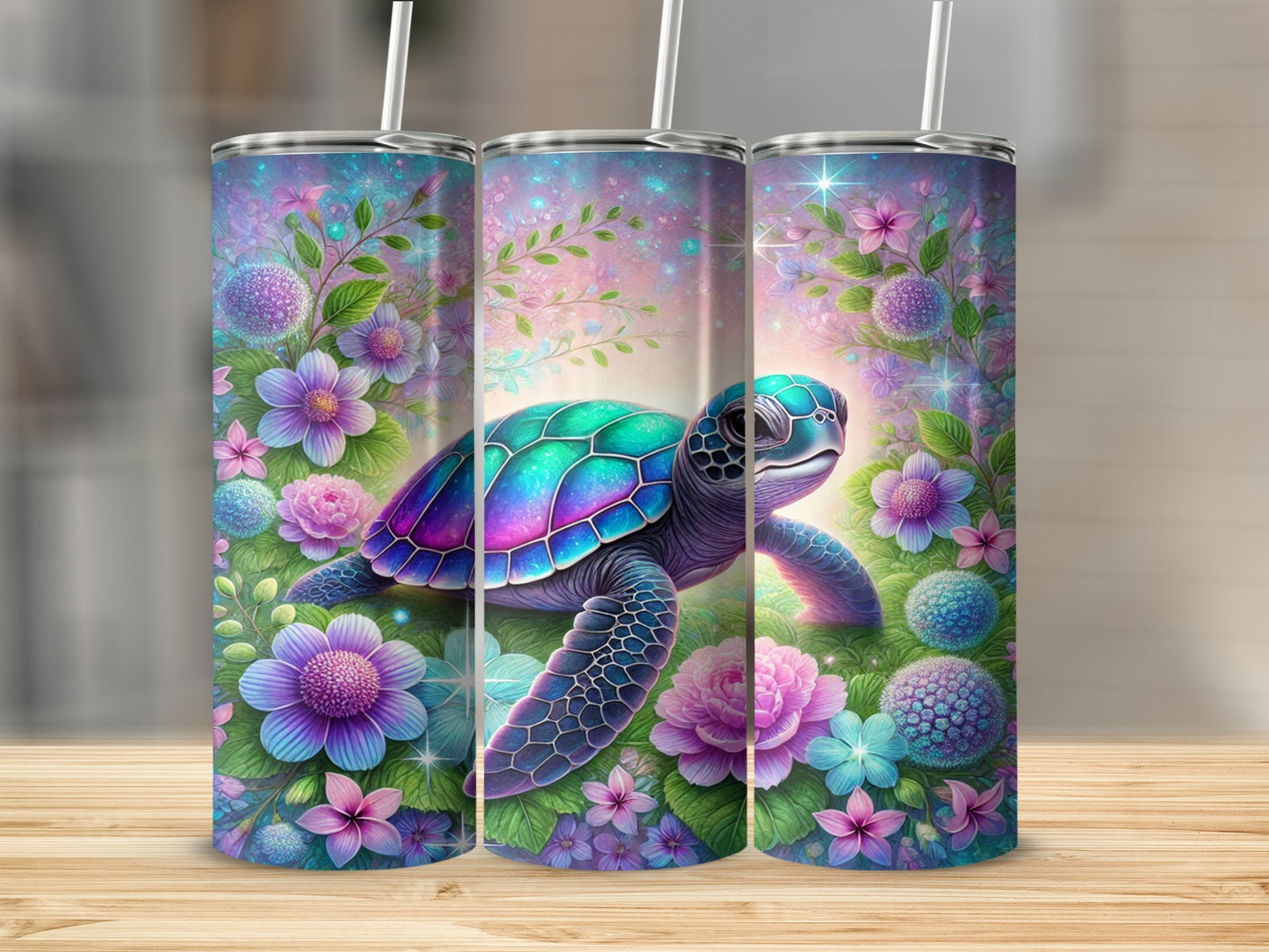 Colorful Turtle with Flowers Design Tumbler Product